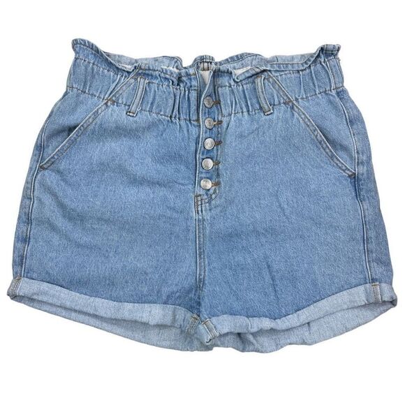 SONG Shorts Women's Large Button Fly Elastic Waist Blue Denim MOM Jean Shorts - Picture 1 of 6